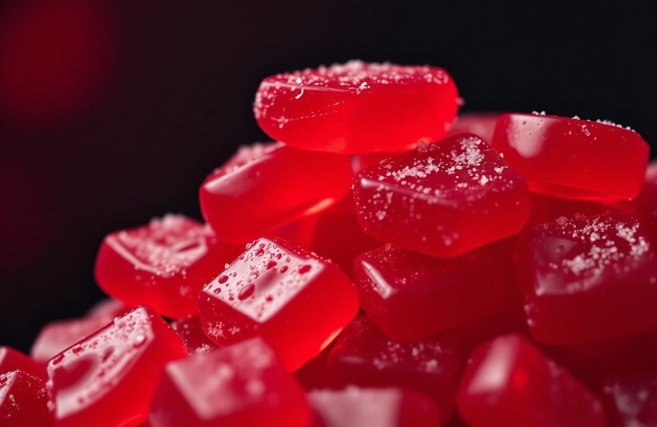 Close-up of LuxOvia red performance gummies
